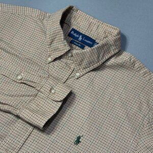 Polo Ralph Lauren Mens XL Long Sleeve Button Shirt Custom Fit Tan Khaki Check